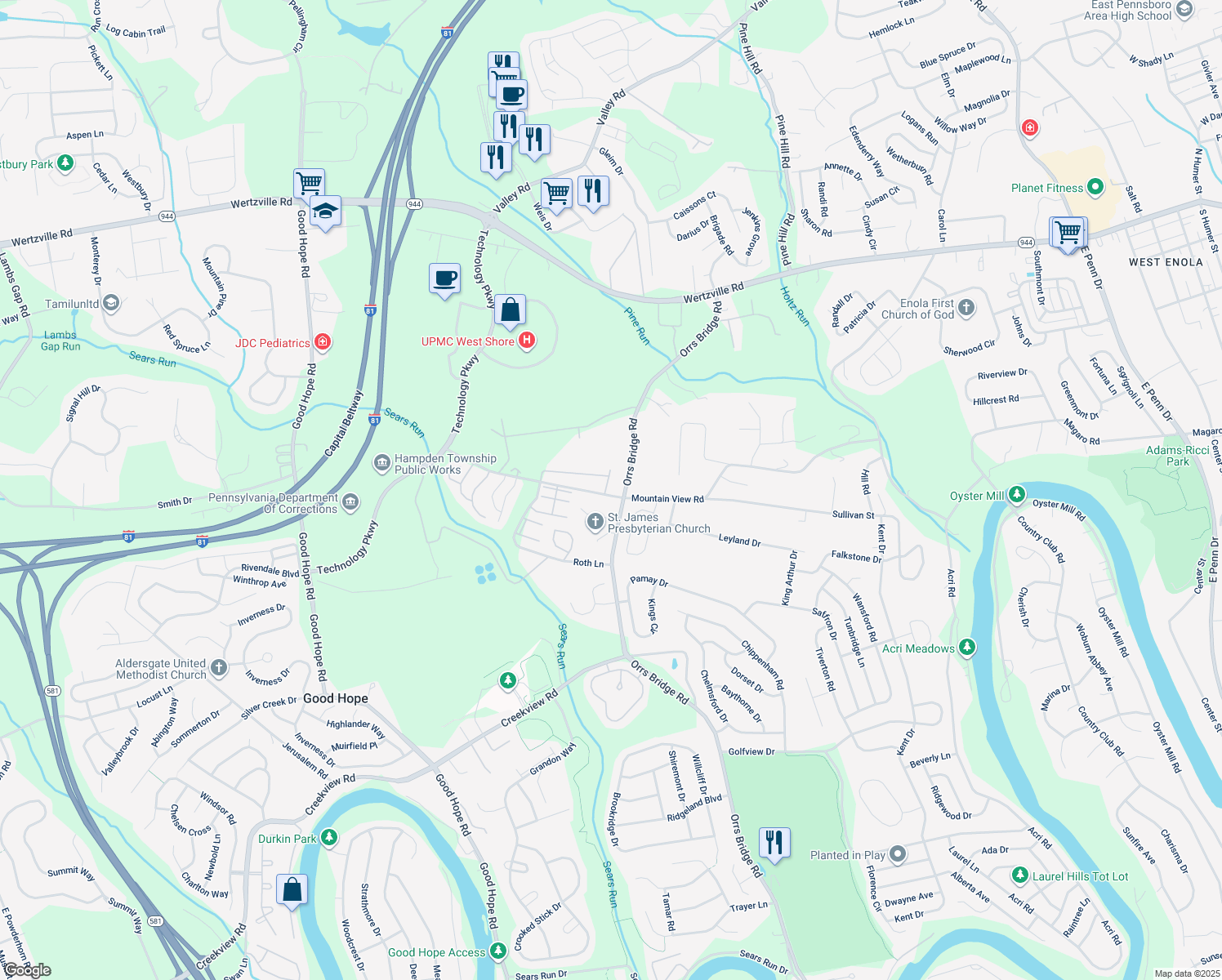 map of restaurants, bars, coffee shops, grocery stores, and more near 1502 Tussey Court in Mechanicsburg