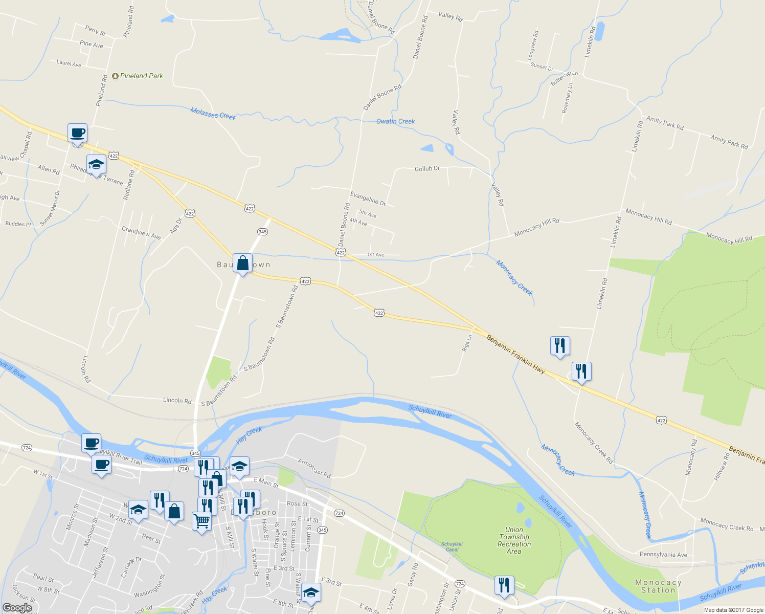 map of restaurants, bars, coffee shops, grocery stores, and more near 27 Benjamin Franklin Hwy in Birdsboro