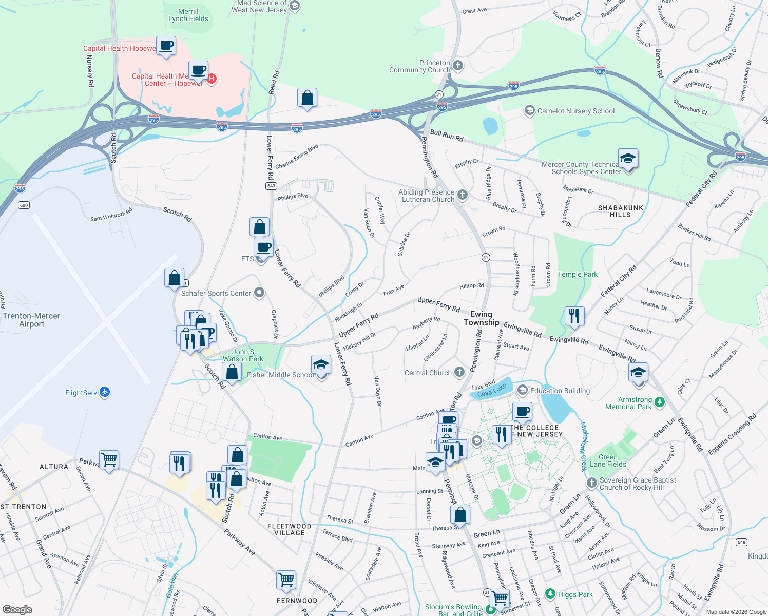 map of restaurants, bars, coffee shops, grocery stores, and more near 94 Upper Ferry Road in Ewing Township