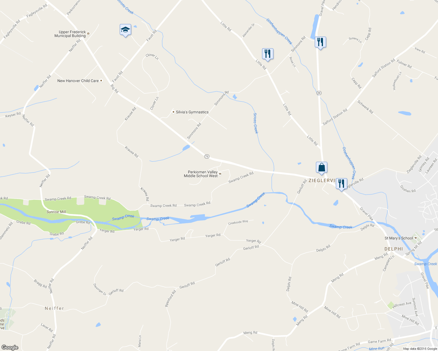 map of restaurants, bars, coffee shops, grocery stores, and more near 220 Big Road in Schwenksville