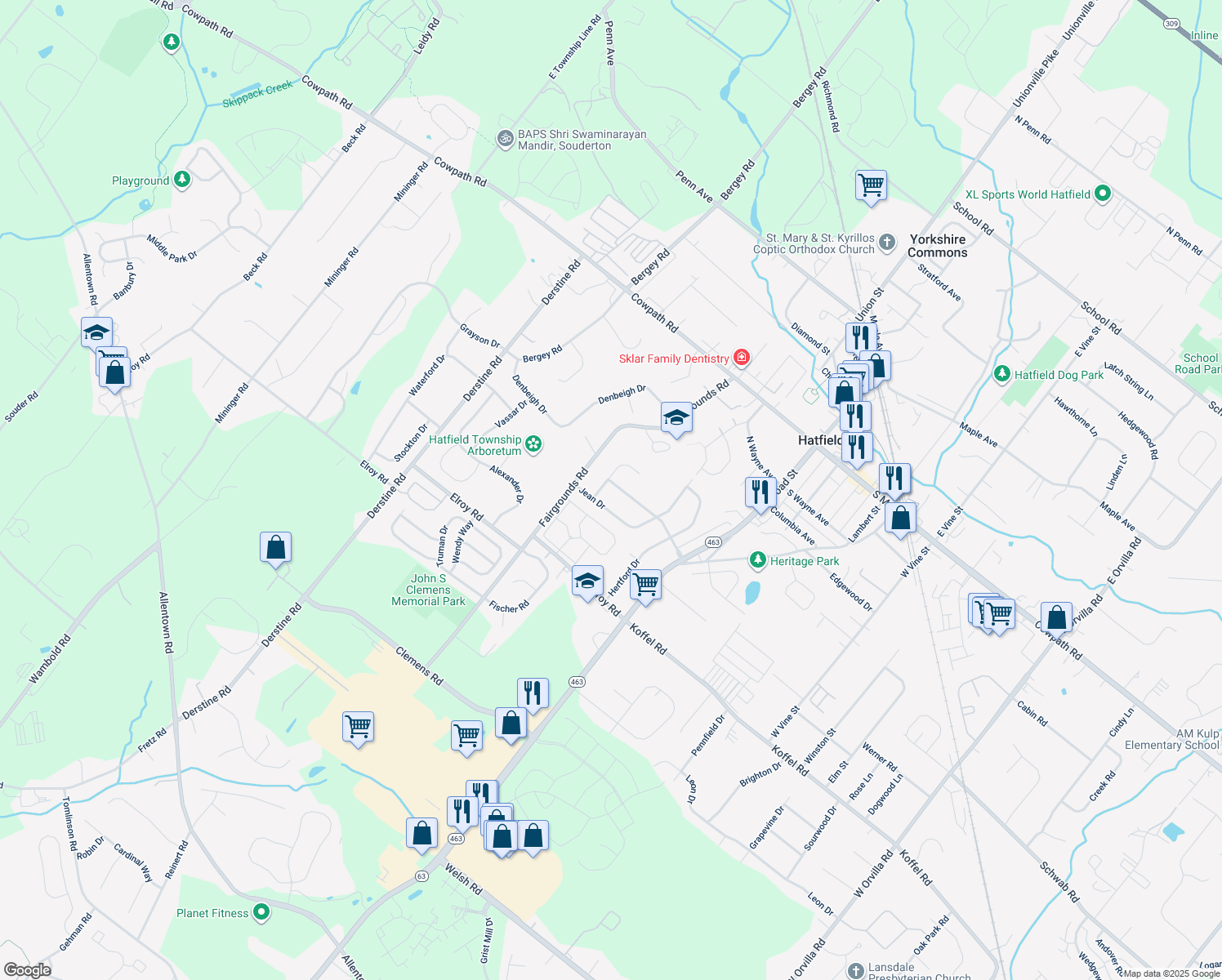 map of restaurants, bars, coffee shops, grocery stores, and more near 2728 Towamencin Avenue in Hatfield