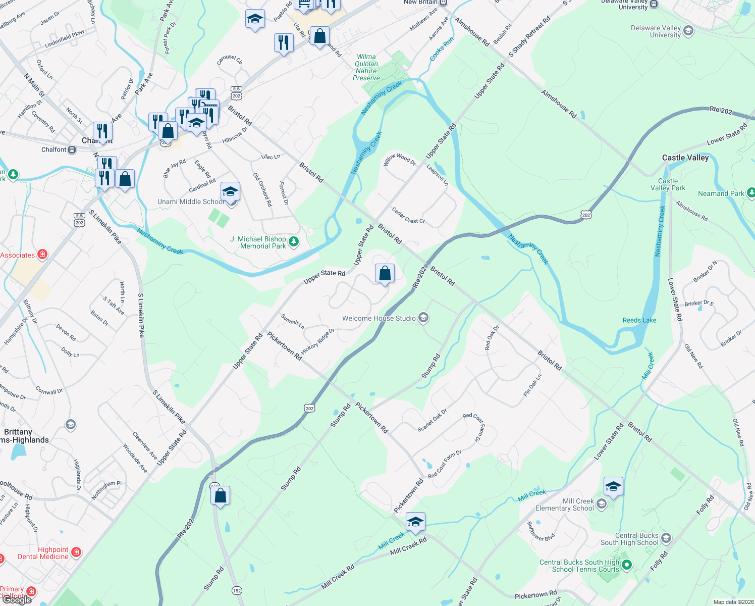 map of restaurants, bars, coffee shops, grocery stores, and more near 980 Hickory Ridge Dr in Chalfont