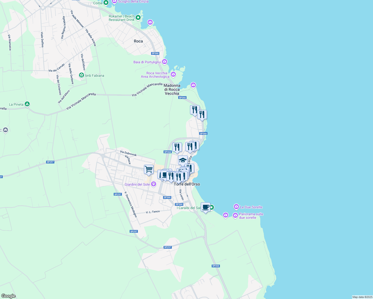 map of restaurants, bars, coffee shops, grocery stores, and more near 53 Via Giacomo Brodolini in Torre Dell'orso