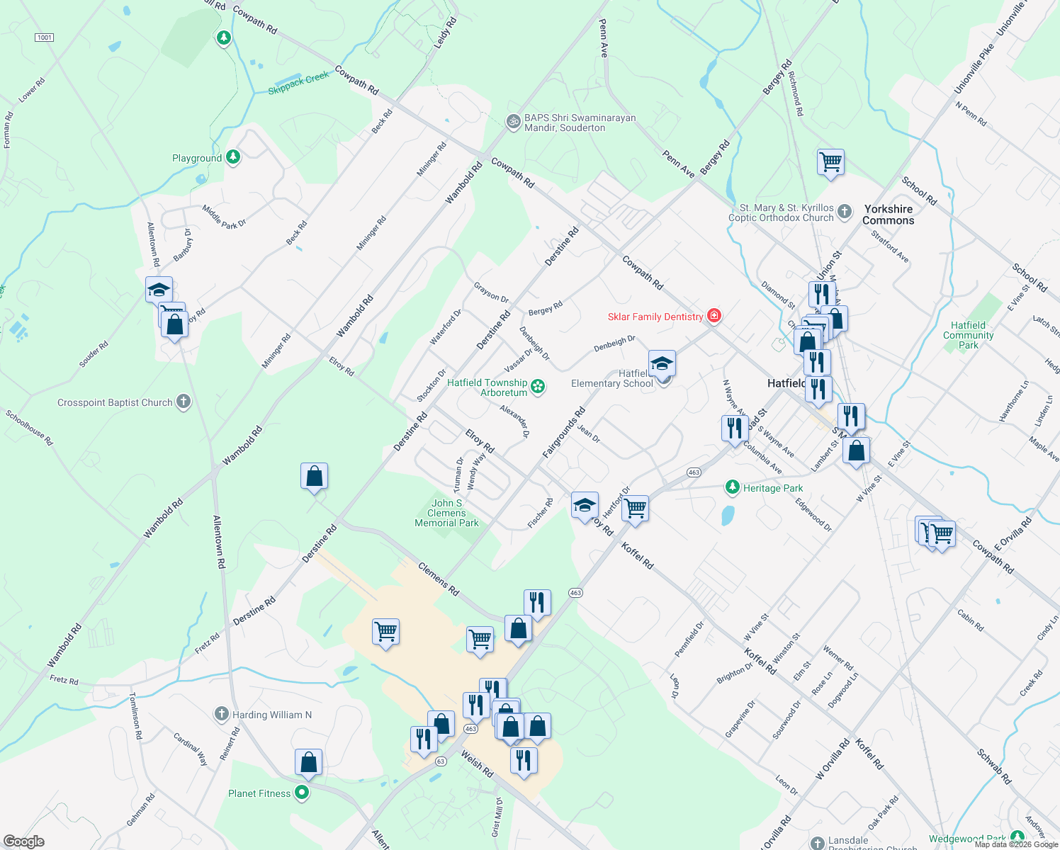 map of restaurants, bars, coffee shops, grocery stores, and more near 1213 Alexander Dr in Hatfield