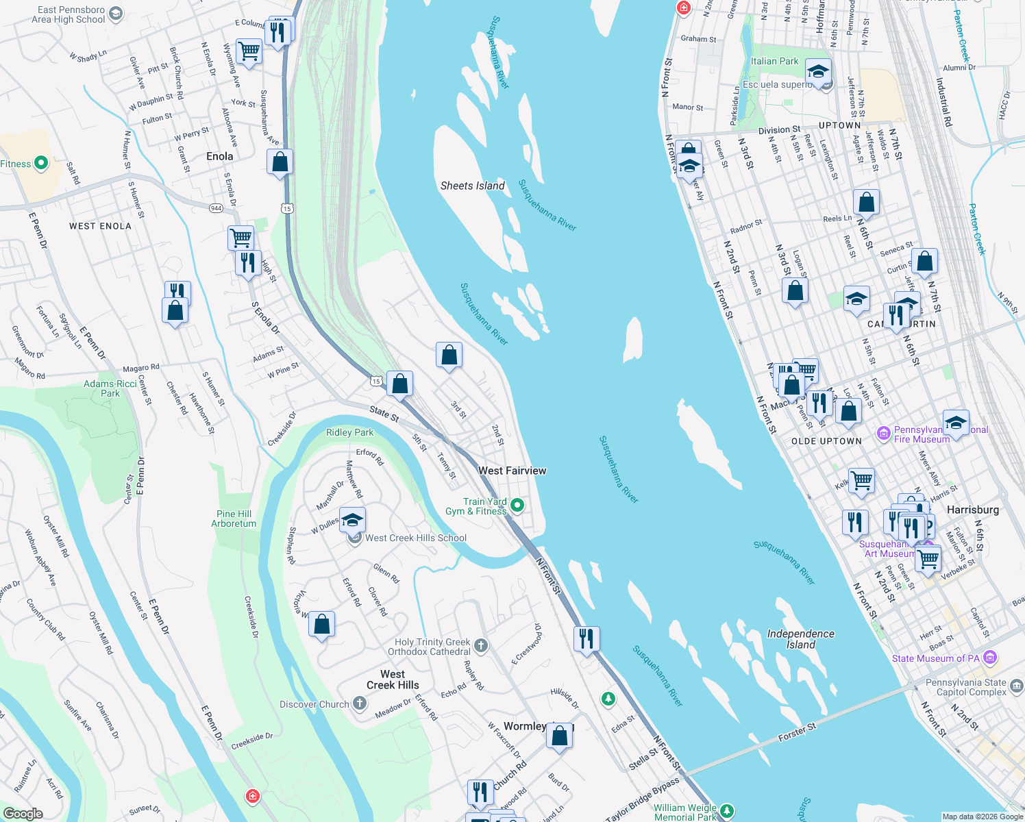map of restaurants, bars, coffee shops, grocery stores, and more near 405 Front St in Enola