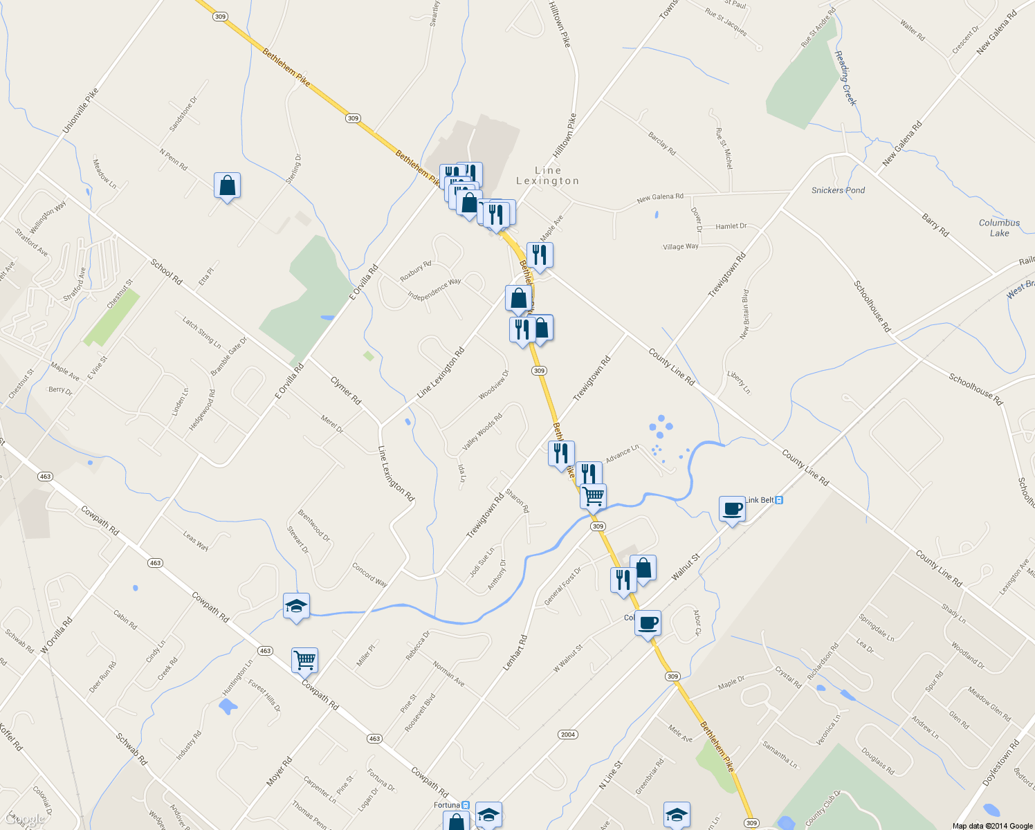 map of restaurants, bars, coffee shops, grocery stores, and more near 2843 Valley Woods Rd in Hatfield
