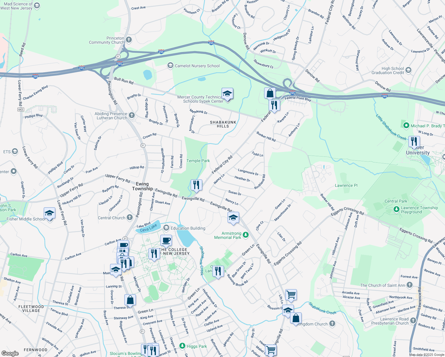 map of restaurants, bars, coffee shops, grocery stores, and more near 104 Nancy Lane in Ewing Township