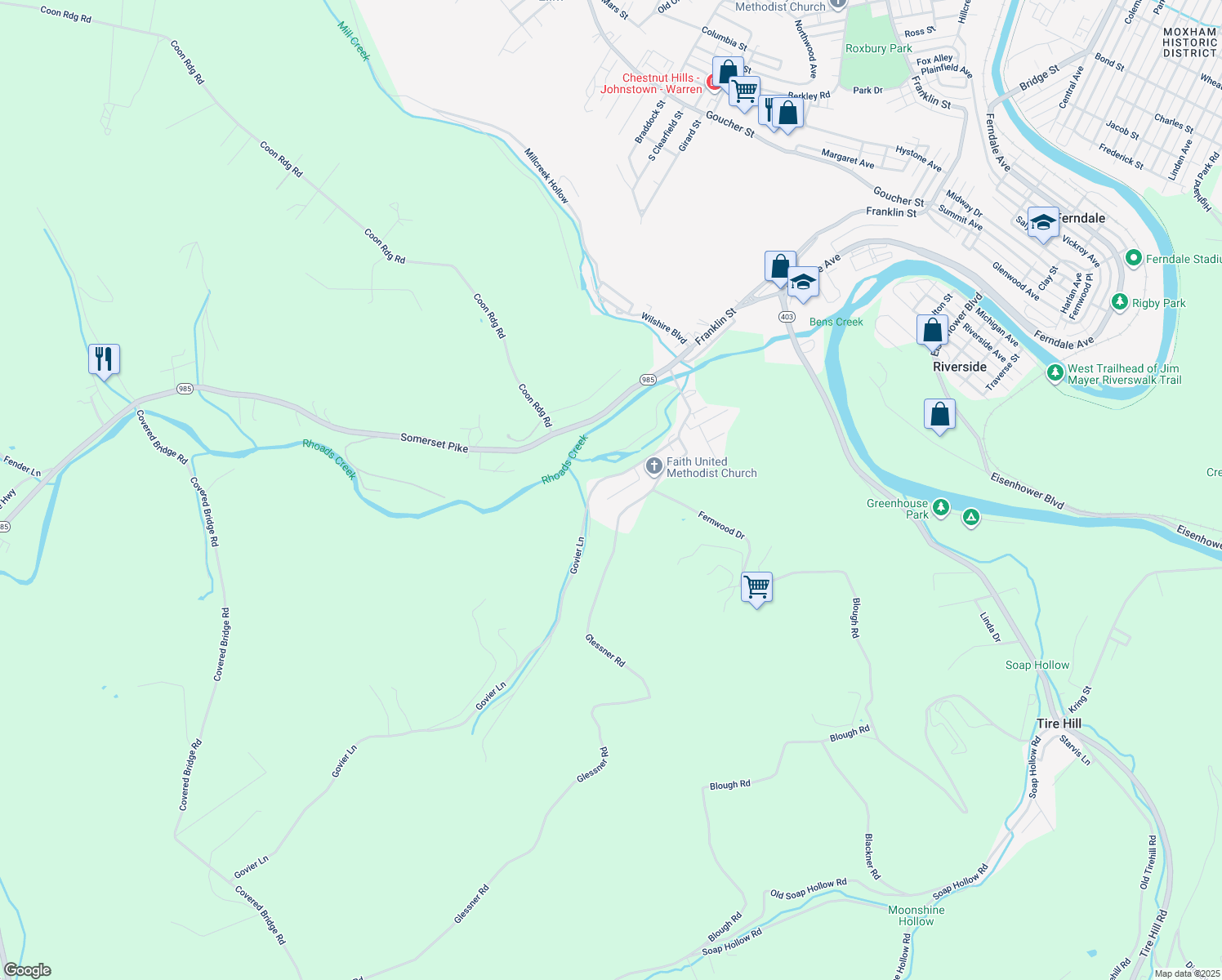 map of restaurants, bars, coffee shops, grocery stores, and more near 147 School St in Johnstown