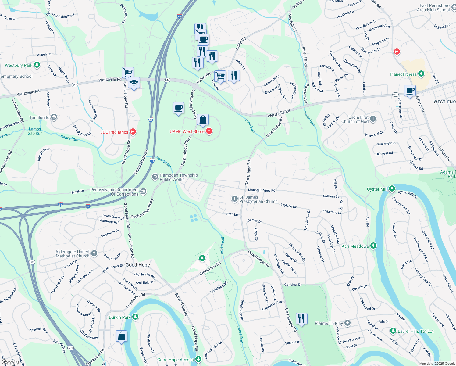 map of restaurants, bars, coffee shops, grocery stores, and more near 4157 Kittatinny Drive in Mechanicsburg