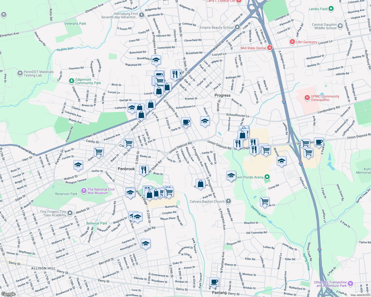 map of restaurants, bars, coffee shops, grocery stores, and more near 405 Altavista Ave in Harrisburg