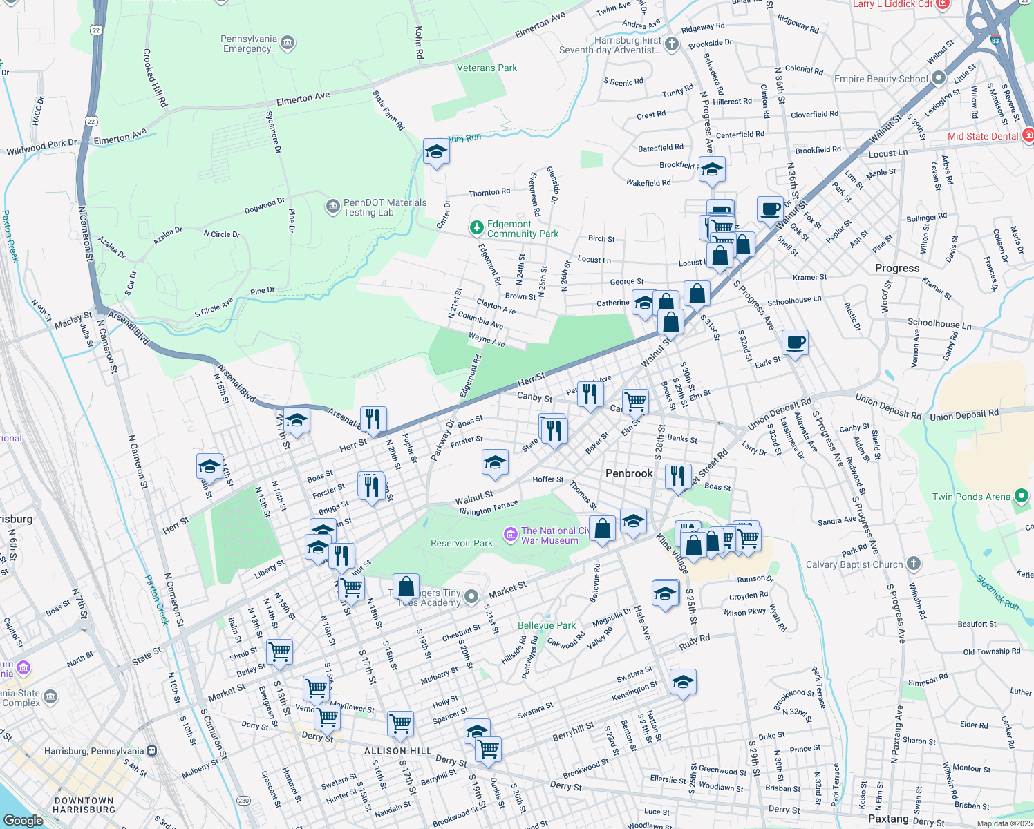 map of restaurants, bars, coffee shops, grocery stores, and more near 2260 Boas St in Harrisburg