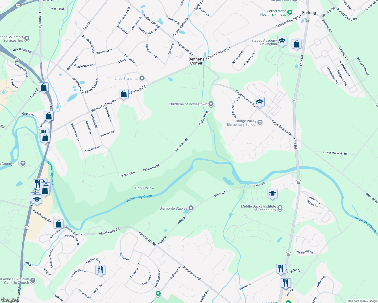 map of restaurants, bars, coffee shops, grocery stores, and more near 1255 Pebble Hill Road in Doylestown
