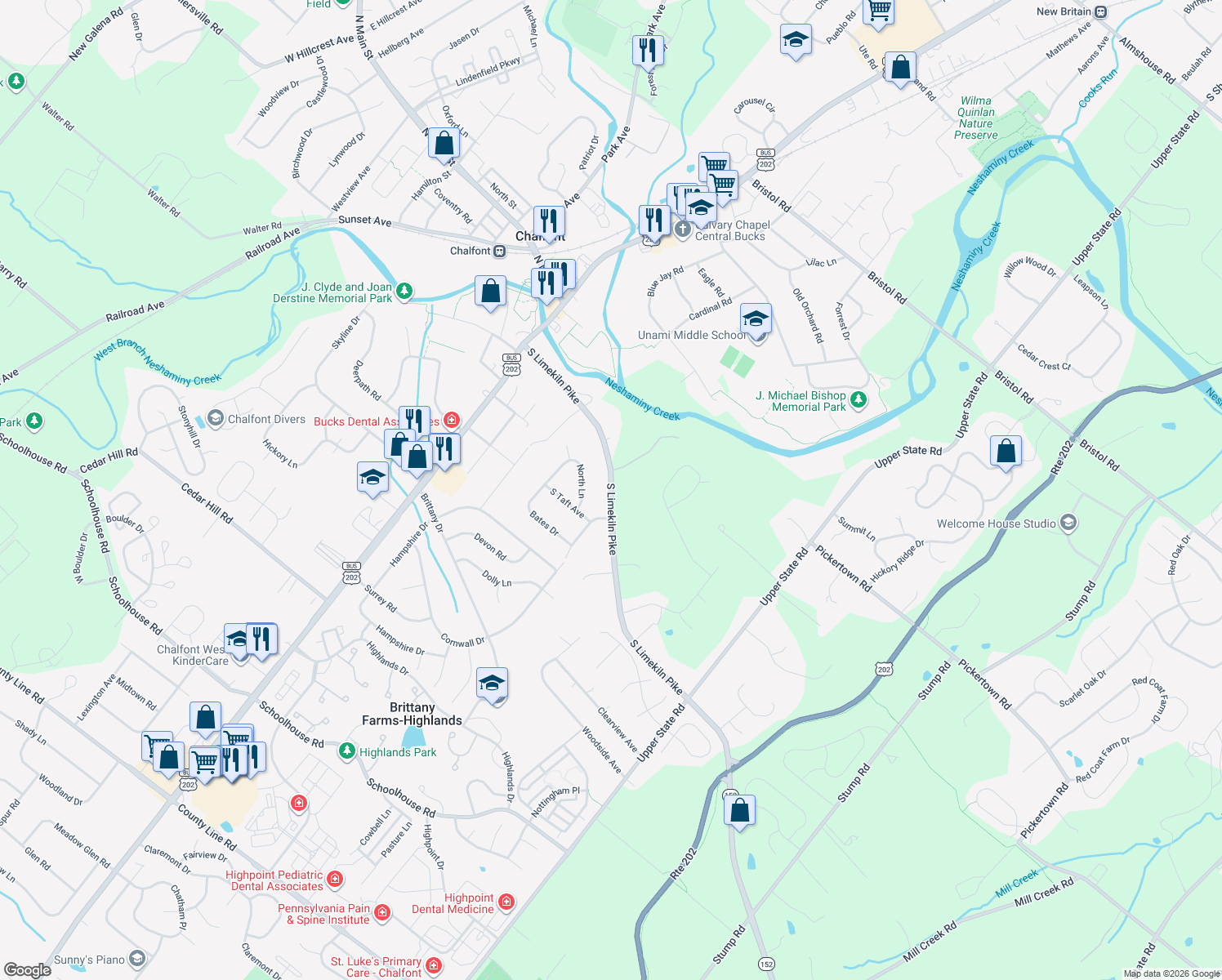 map of restaurants, bars, coffee shops, grocery stores, and more near 122 South Limekiln Pike in Chalfont