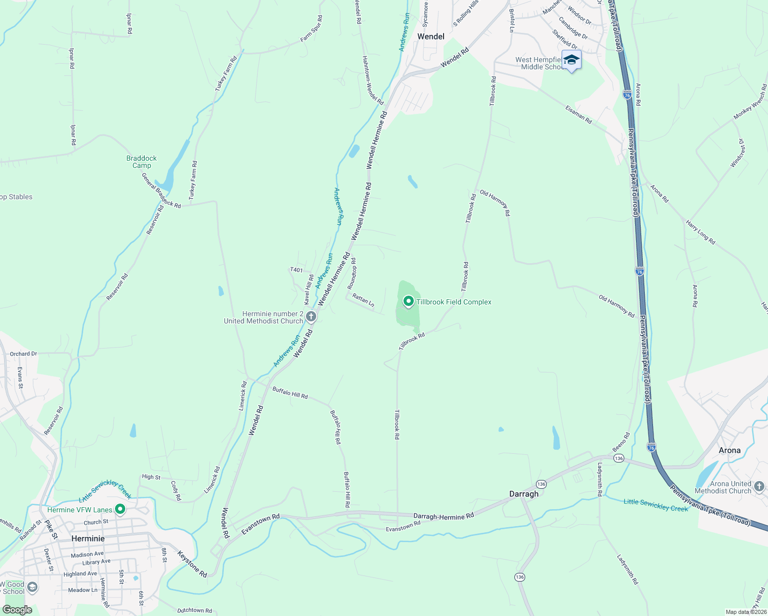 map of restaurants, bars, coffee shops, grocery stores, and more near 109 Roundtop Road in Irwin