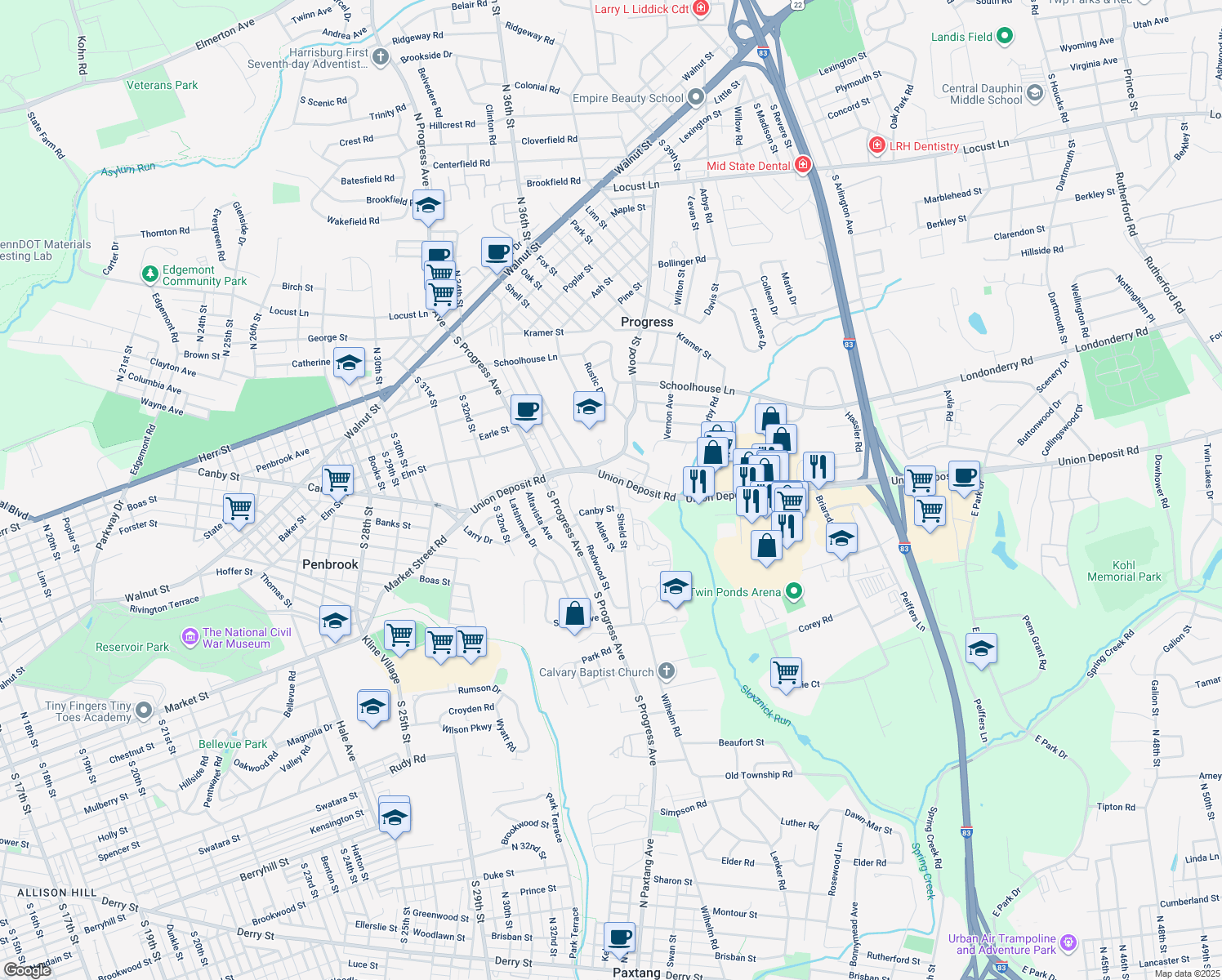 map of restaurants, bars, coffee shops, grocery stores, and more near 405 Shield Street in Harrisburg