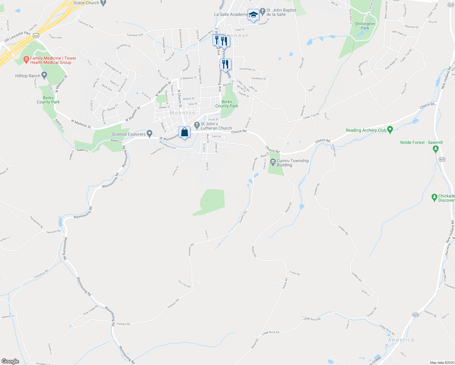 map of restaurants, bars, coffee shops, grocery stores, and more near 1 Pebblebrook Lane in Mohnton