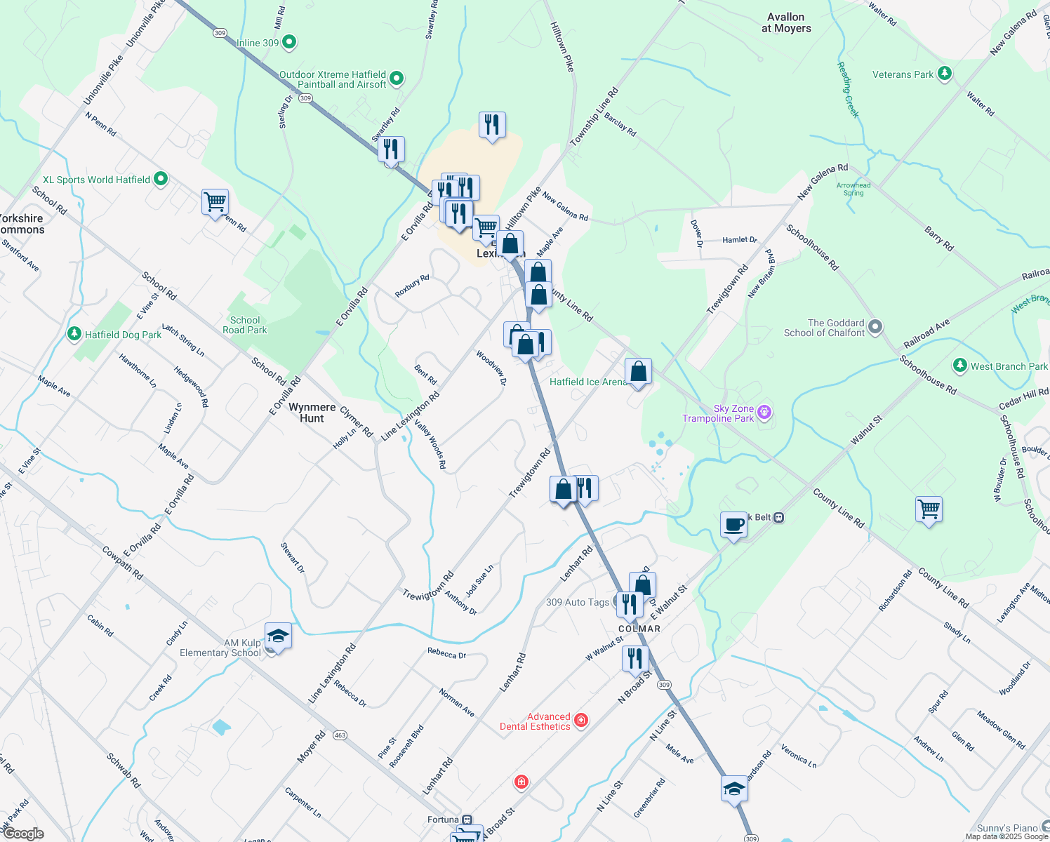 map of restaurants, bars, coffee shops, grocery stores, and more near 2836 Valley Woods Road in Hatfield