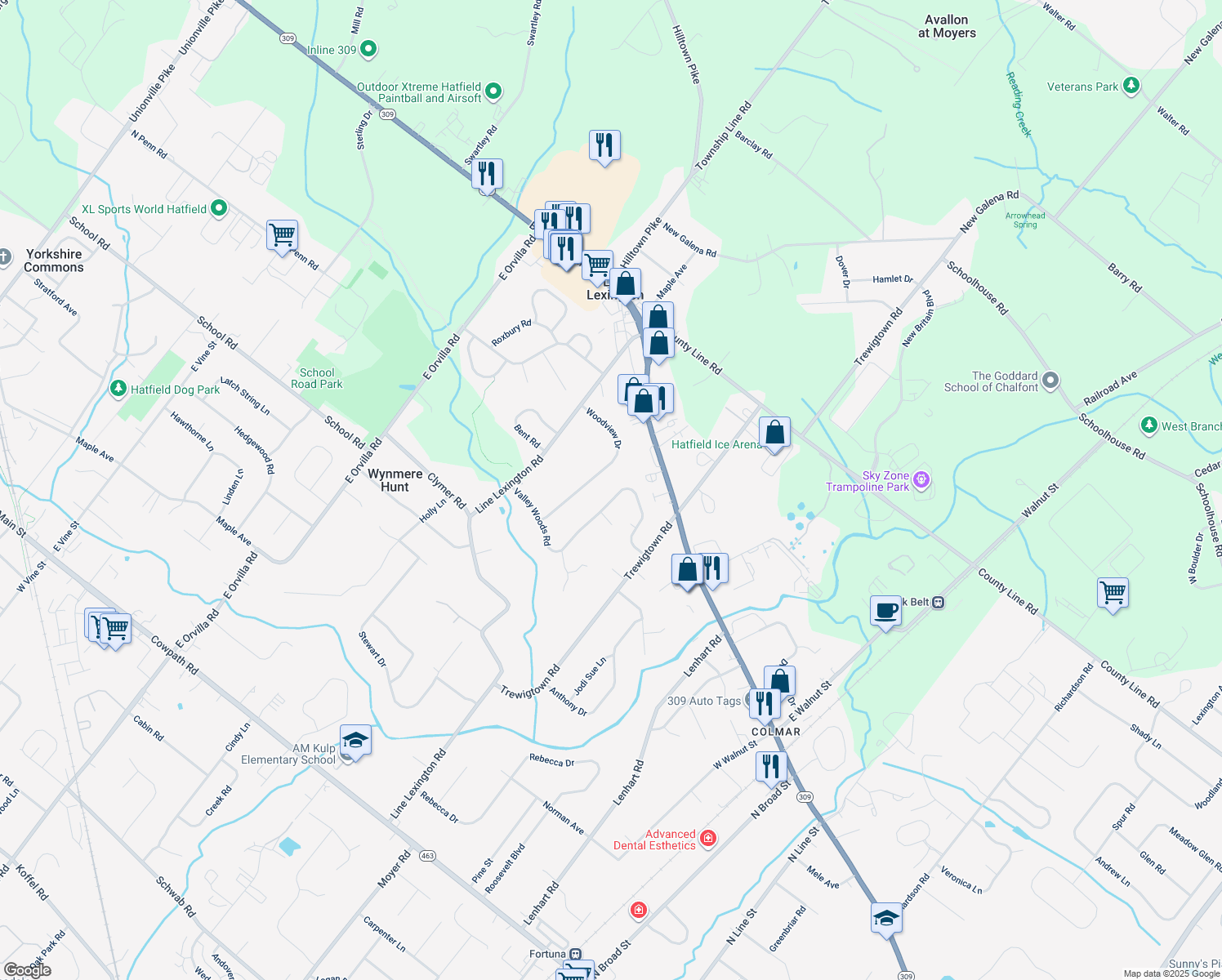 map of restaurants, bars, coffee shops, grocery stores, and more near 2804 Valley Woods Road in Hatfield