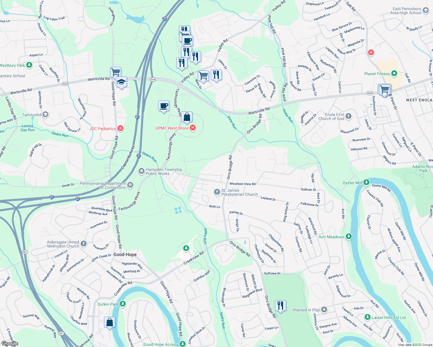 map of restaurants, bars, coffee shops, grocery stores, and more near 4136 Kittatinny Drive in Mechanicsburg