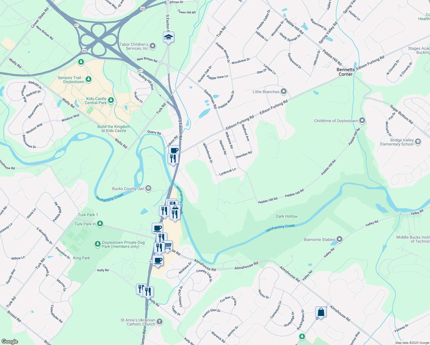 map of restaurants, bars, coffee shops, grocery stores, and more near 90 Willowbrook Drive in Doylestown
