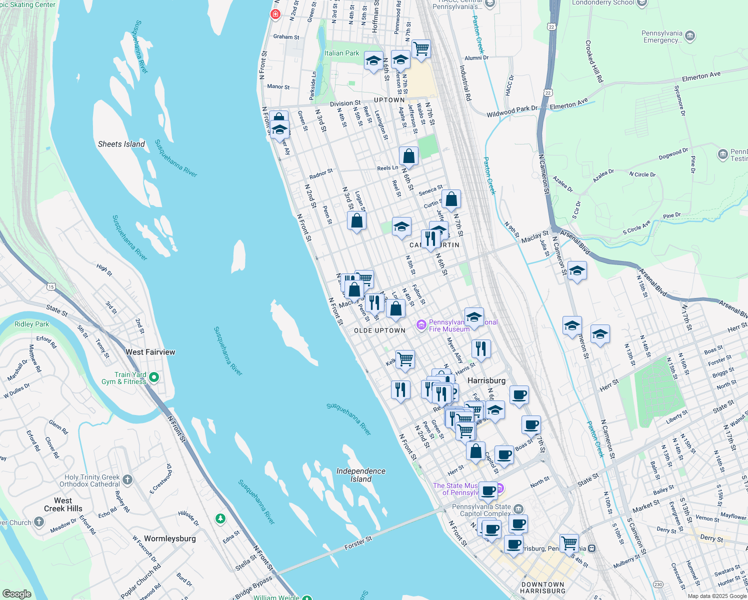 map of restaurants, bars, coffee shops, grocery stores, and more near 2052 Susquehanna Street in Harrisburg