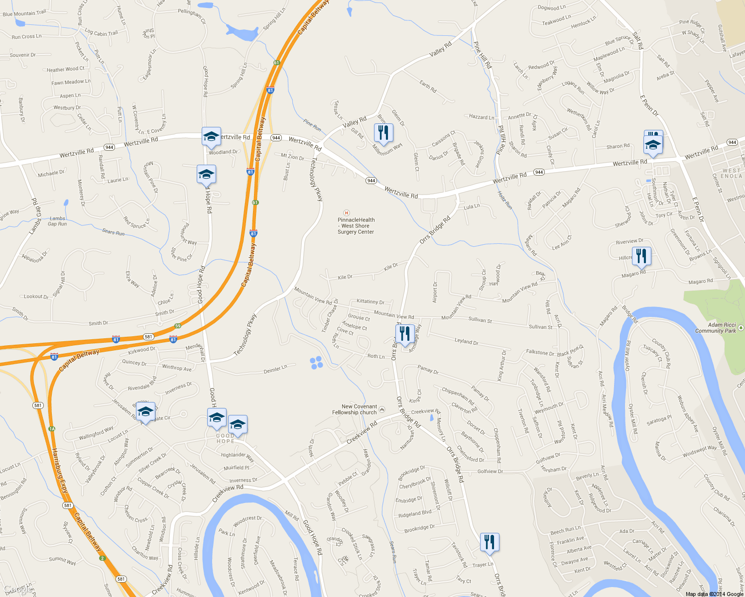 map of restaurants, bars, coffee shops, grocery stores, and more near 4160 Kittatinny Drive in Mechanicsburg