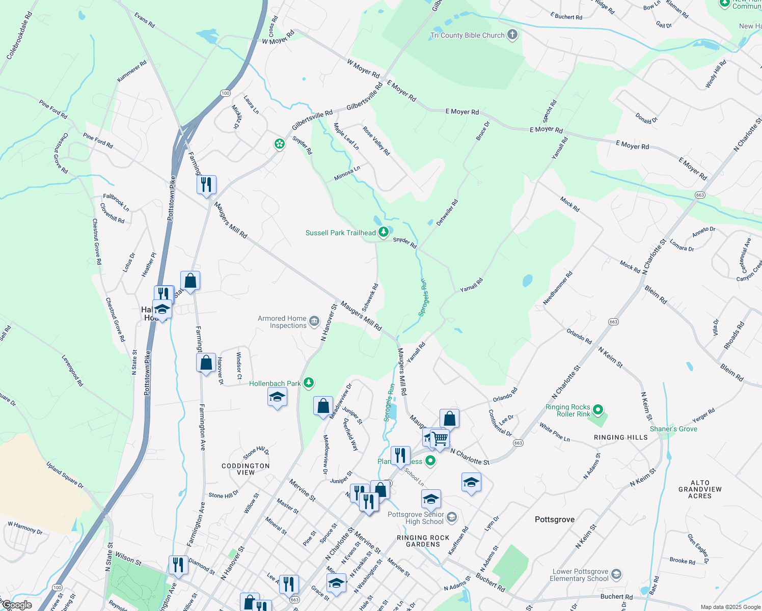 map of restaurants, bars, coffee shops, grocery stores, and more near 1530 Schwenk Rd in Pottstown
