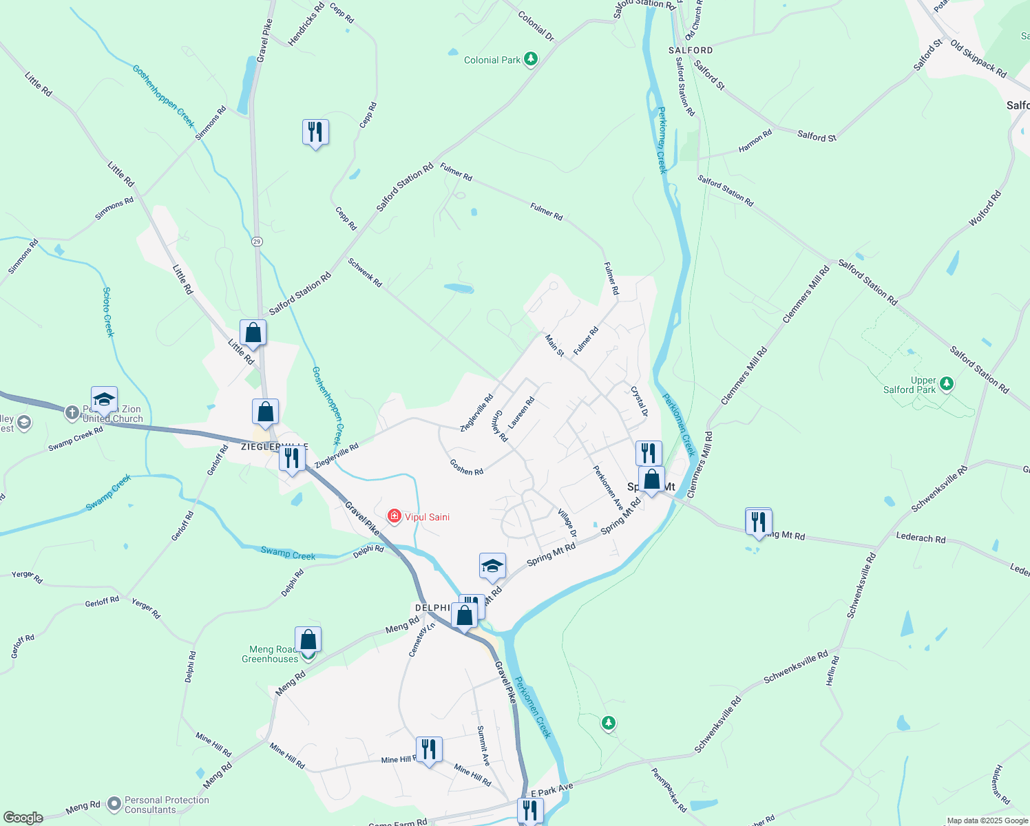 map of restaurants, bars, coffee shops, grocery stores, and more near 216 Laureen Road in Schwenksville