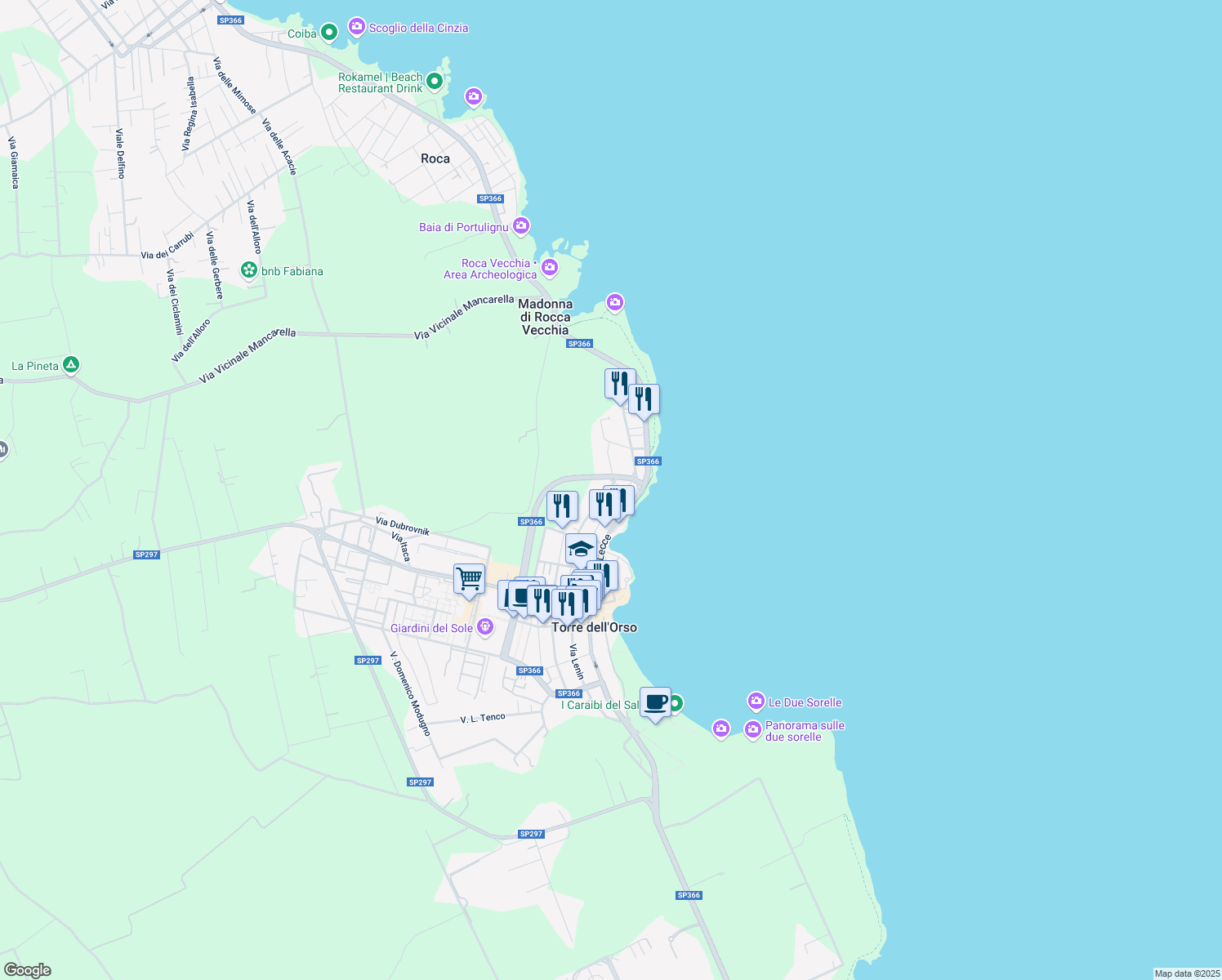 map of restaurants, bars, coffee shops, grocery stores, and more near 53 Via Giacomo Brodolini in Torre dell'Orso