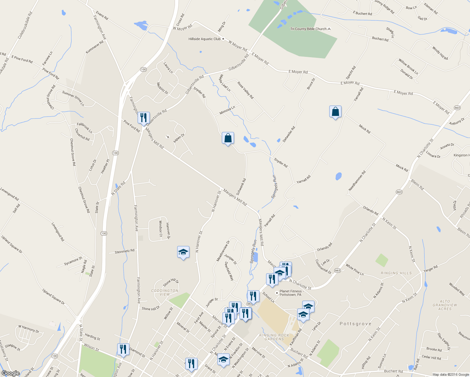 map of restaurants, bars, coffee shops, grocery stores, and more near 1519 Schwenk Road in Pottstown