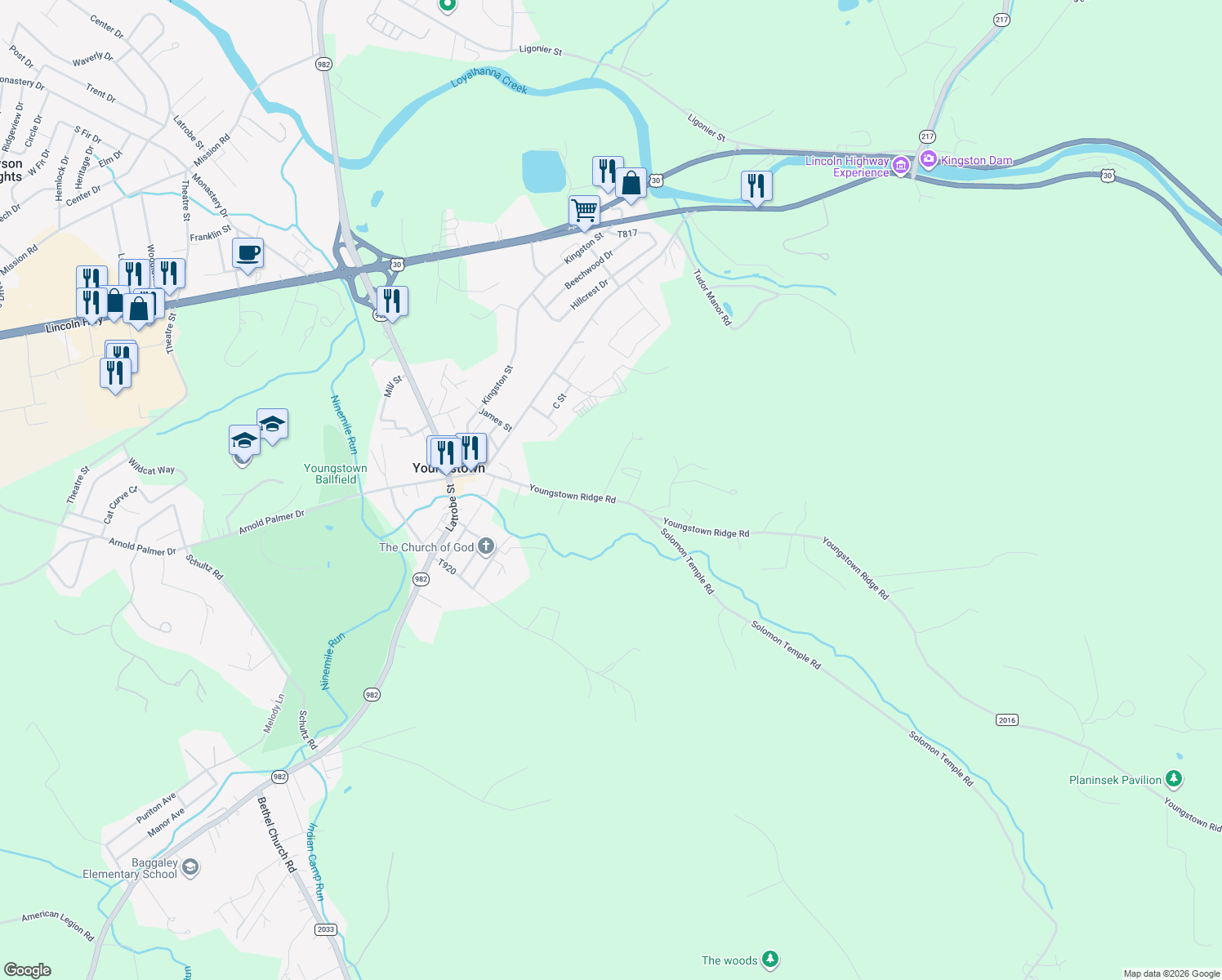 map of restaurants, bars, coffee shops, grocery stores, and more near 934 Youngstown Ridge Road in Latrobe