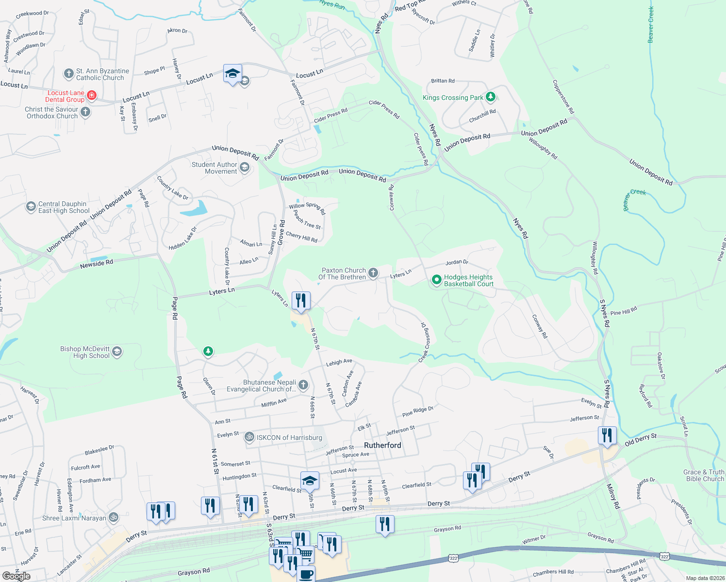 map of restaurants, bars, coffee shops, grocery stores, and more near 6440 Shatto Drive in Harrisburg