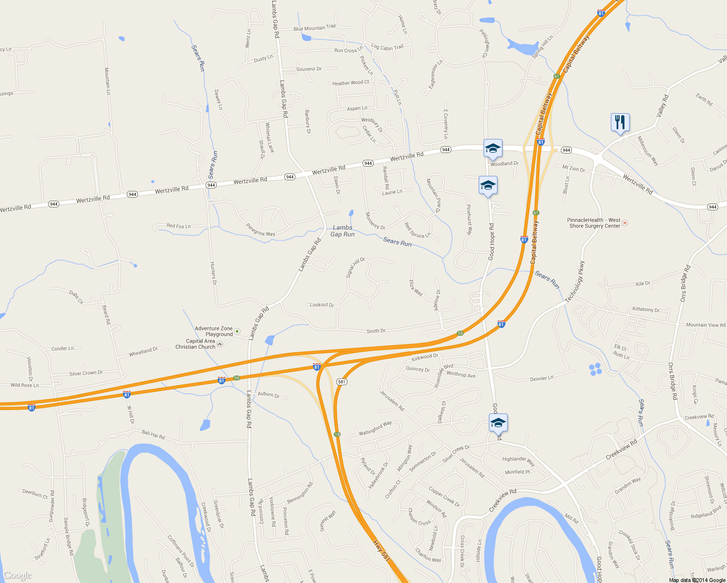 map of restaurants, bars, coffee shops, grocery stores, and more near 1833 Signal Hill Drive in Mechanicsburg