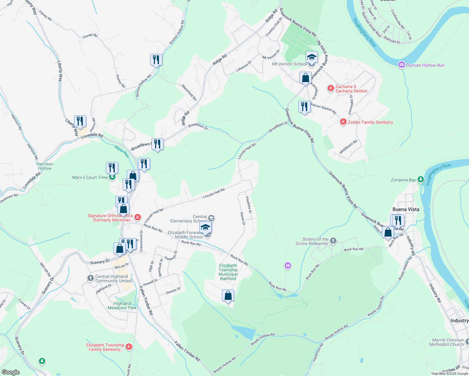 map of restaurants, bars, coffee shops, grocery stores, and more near 368 Lincoln Hall Rd in Elizabeth