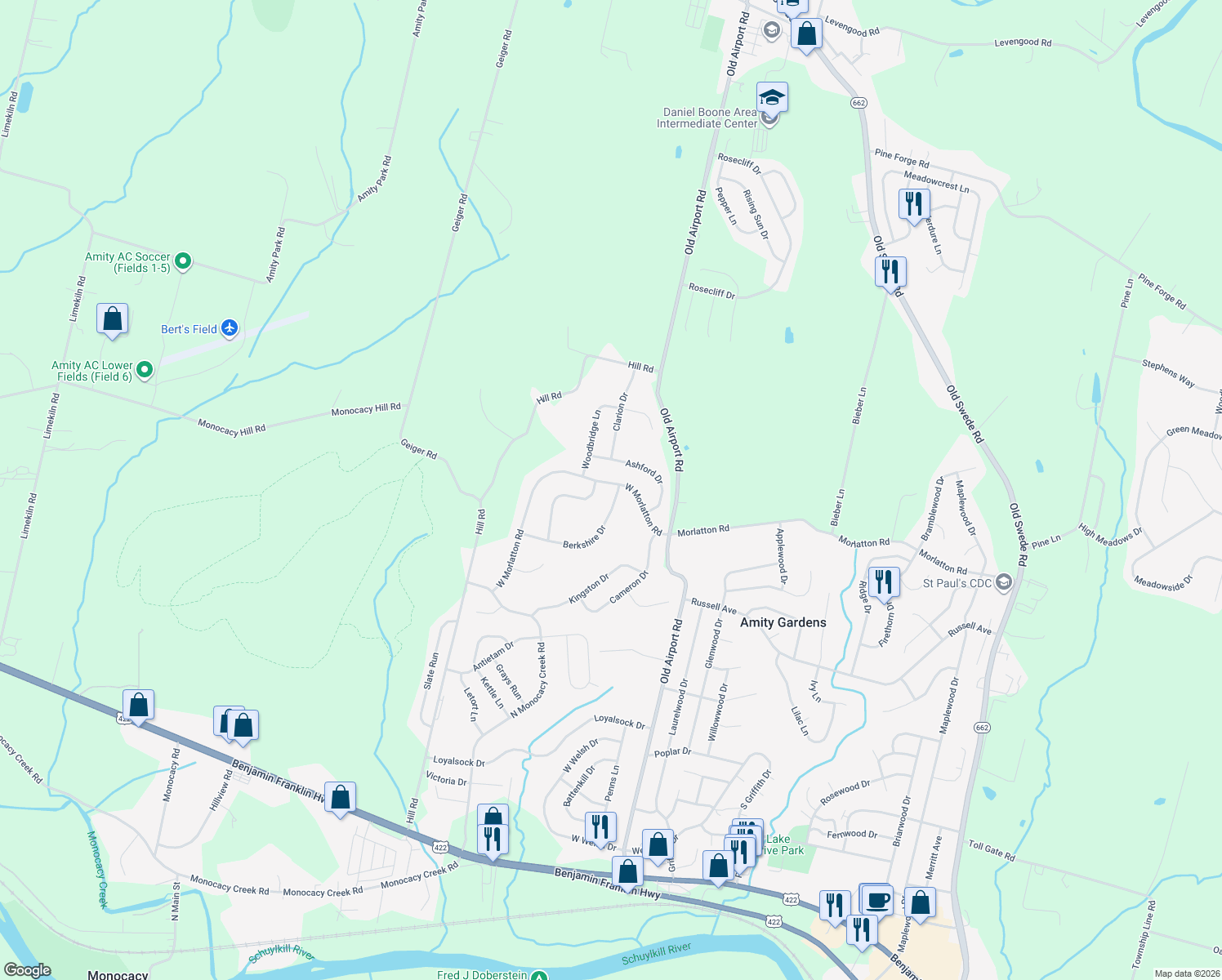 map of restaurants, bars, coffee shops, grocery stores, and more near 229 Berkshire Drive in Douglassville