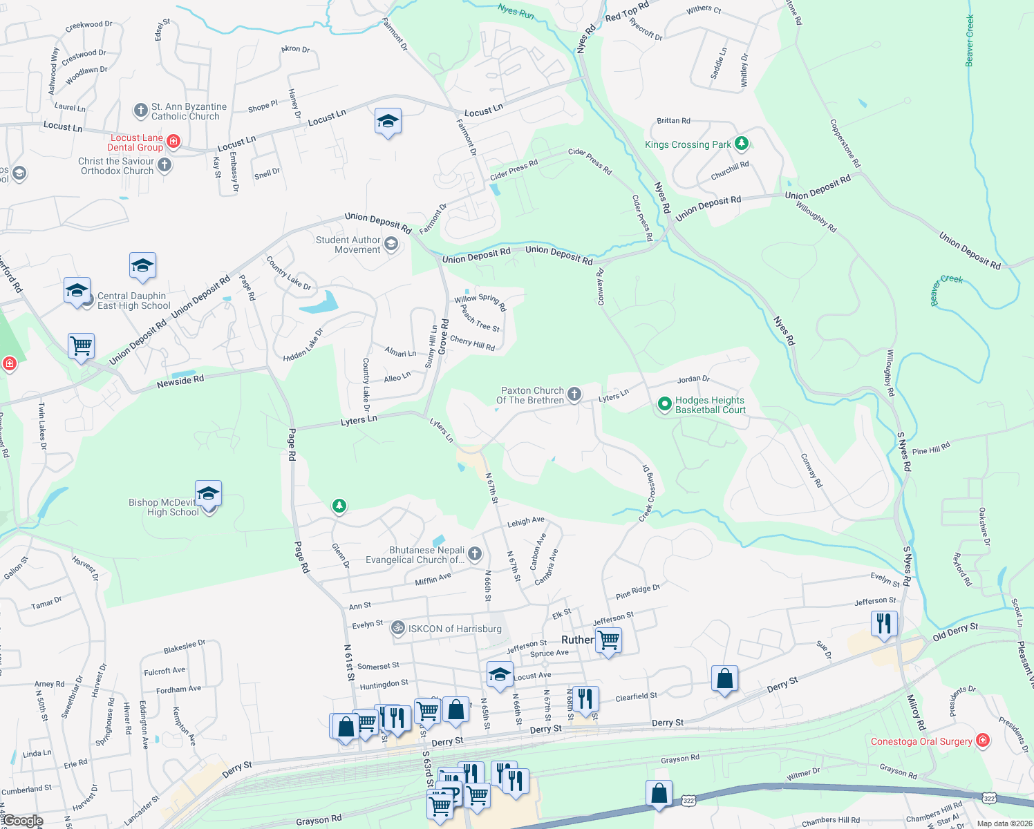 map of restaurants, bars, coffee shops, grocery stores, and more near 6371 Lyters Lane in Harrisburg