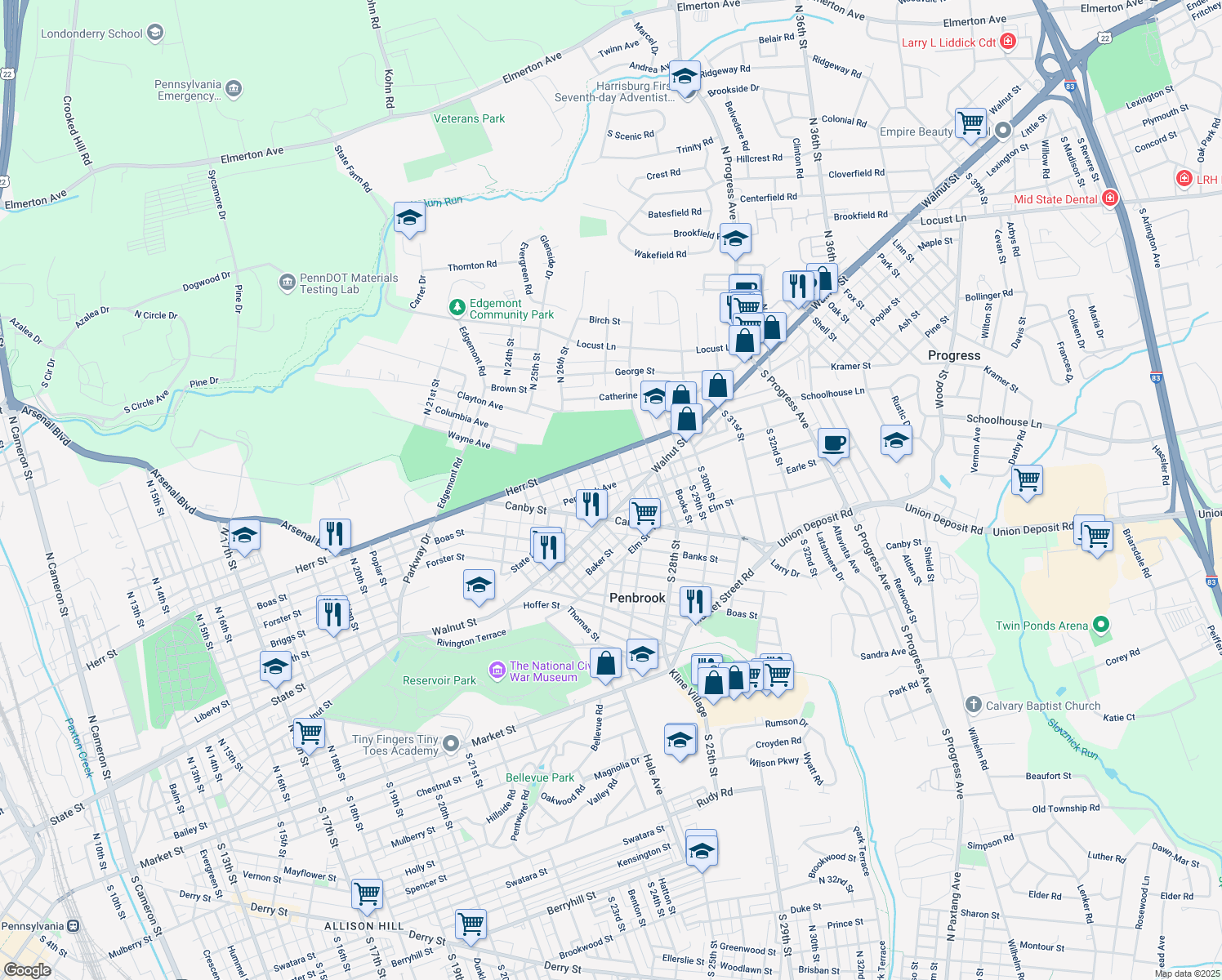 map of restaurants, bars, coffee shops, grocery stores, and more near 2619 Penbrook Avenue in Harrisburg