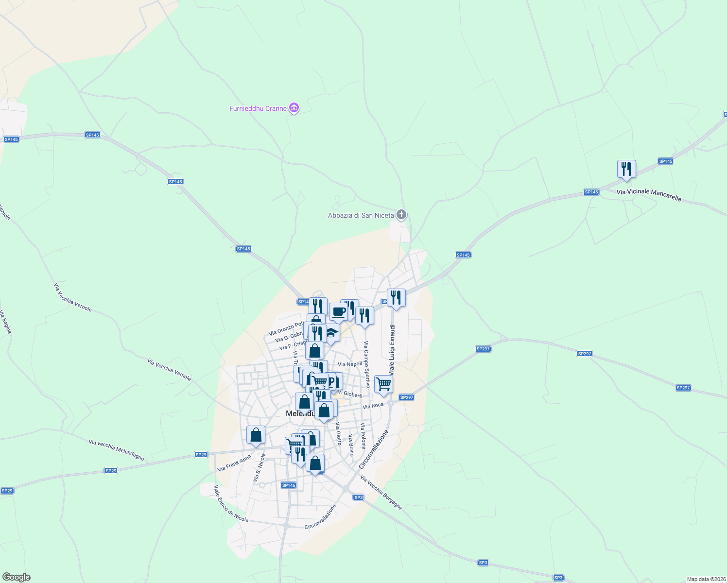 map of restaurants, bars, coffee shops, grocery stores, and more near 8 Via Vittorio Bodini in Melendugno