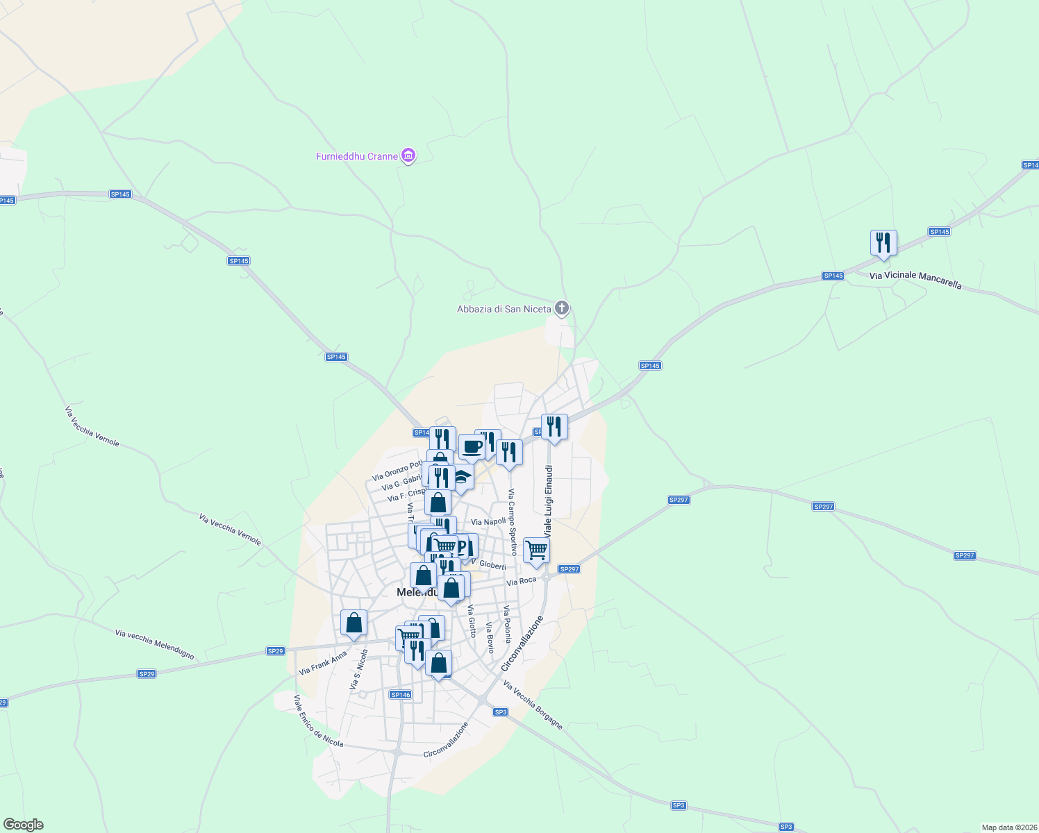 map of restaurants, bars, coffee shops, grocery stores, and more near 8 Via Vittorio Bodini in Melendugno
