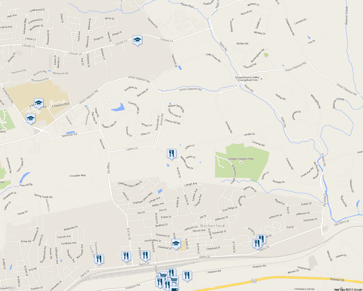 map of restaurants, bars, coffee shops, grocery stores, and more near 6360 Lyters Lane in Harrisburg