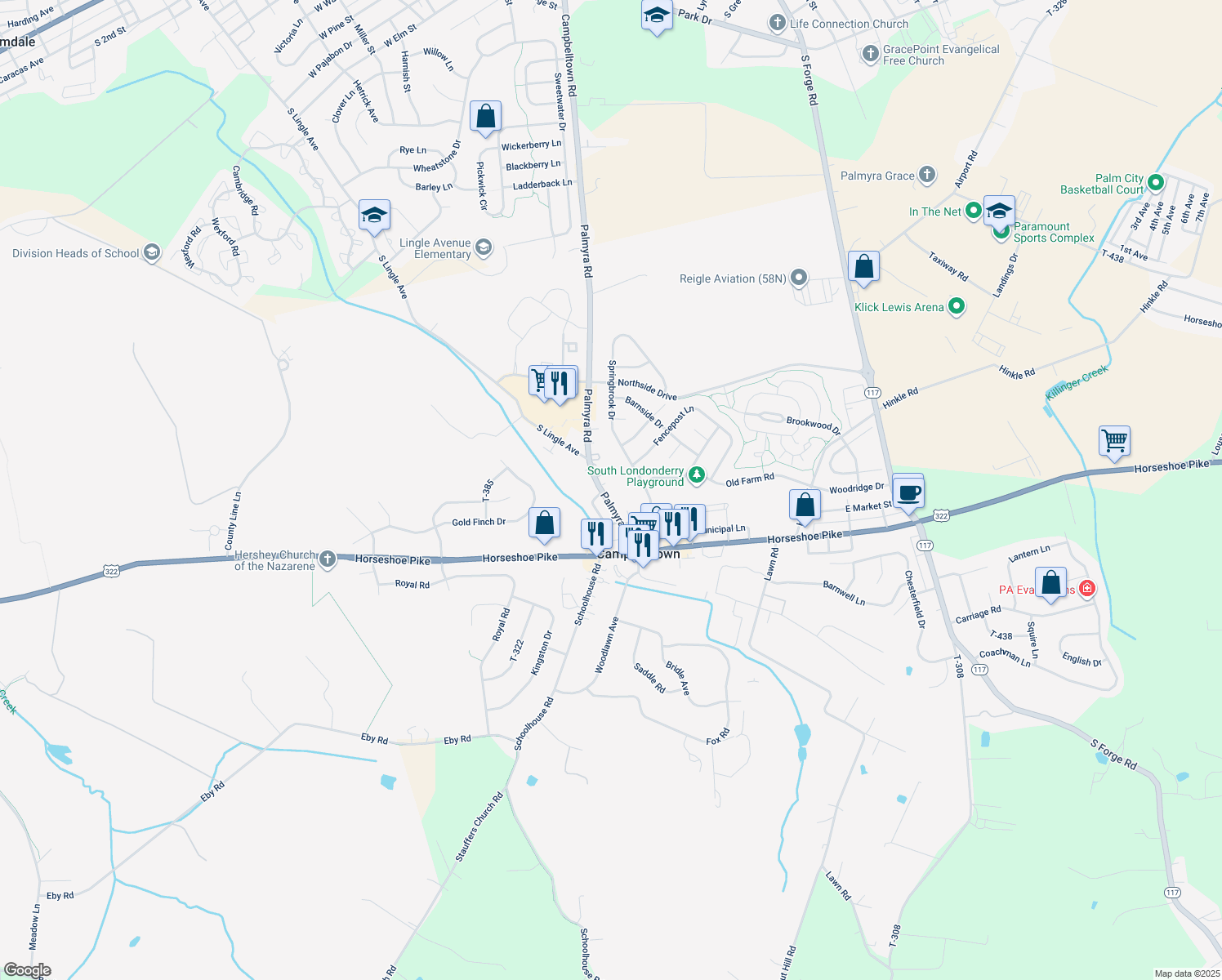 map of restaurants, bars, coffee shops, grocery stores, and more near 104 Palmyra Rd in Palmyra