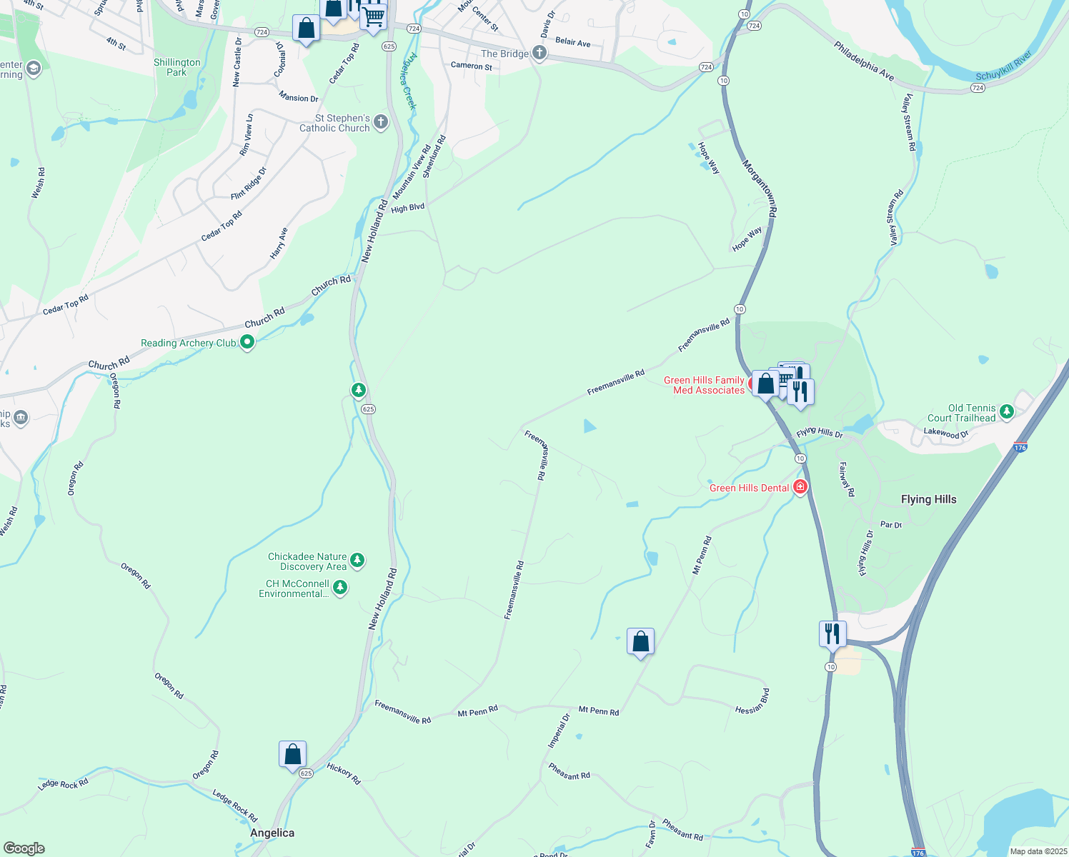 map of restaurants, bars, coffee shops, grocery stores, and more near 735 Freemansville Road in Reading