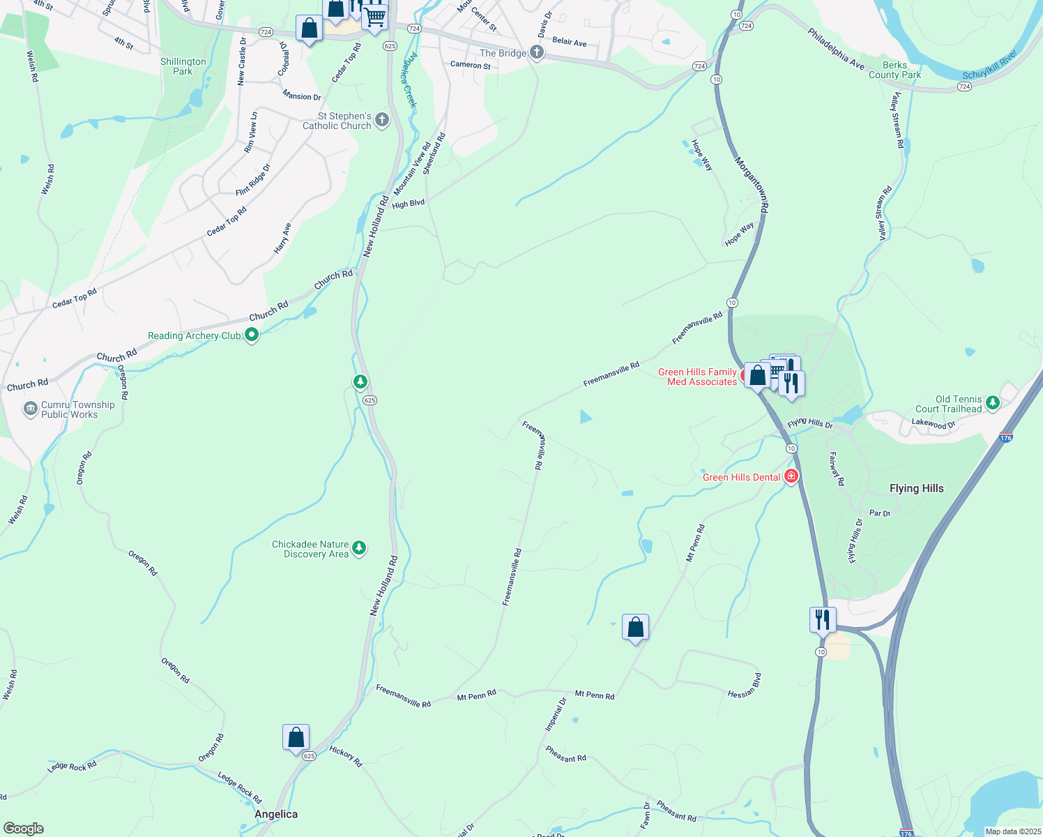 map of restaurants, bars, coffee shops, grocery stores, and more near 713 Freemansville Road in Reading