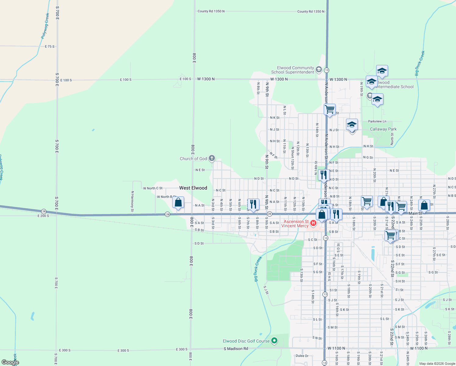 map of restaurants, bars, coffee shops, grocery stores, and more near 420 North 5th Street in Elwood