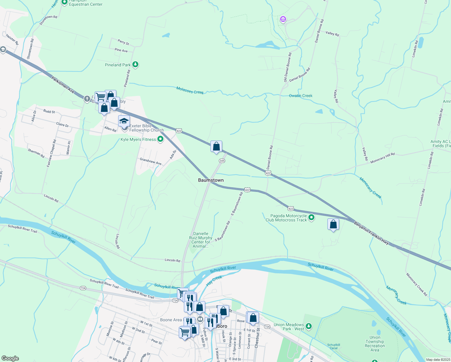 map of restaurants, bars, coffee shops, grocery stores, and more near 157 East Baumstown Road in Birdsboro