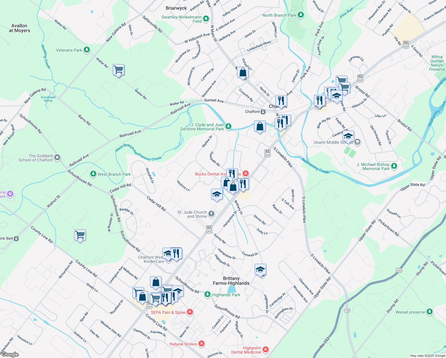 map of restaurants, bars, coffee shops, grocery stores, and more near 3 Deerpath Road in Chalfont
