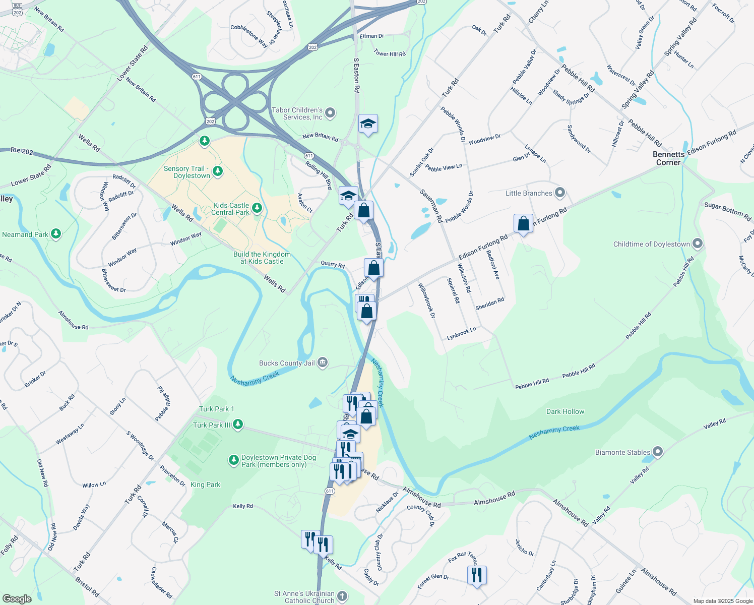 map of restaurants, bars, coffee shops, grocery stores, and more near 101 Edison Furlong Road in Doylestown