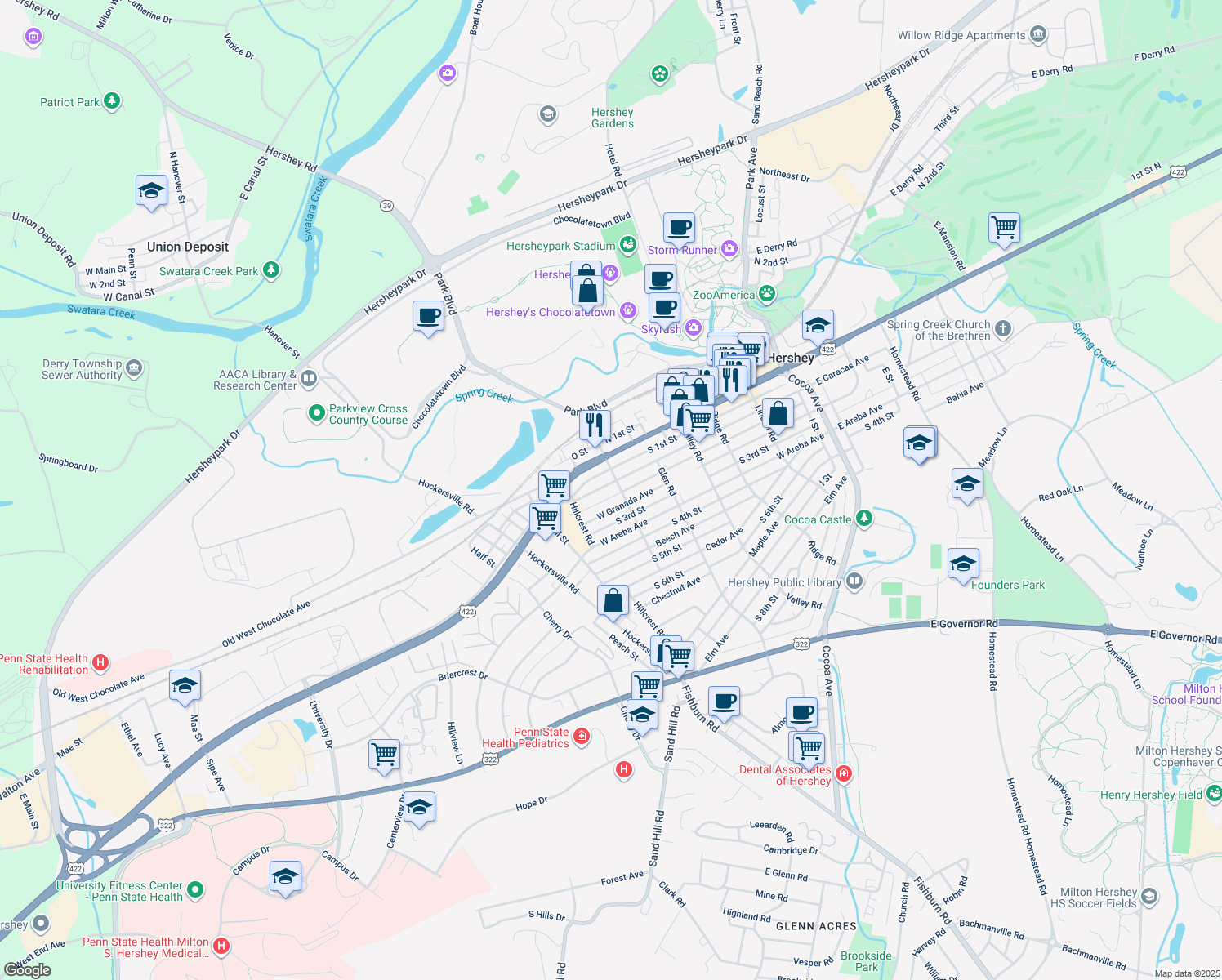 map of restaurants, bars, coffee shops, grocery stores, and more near 512 West Caracas Avenue in Hershey