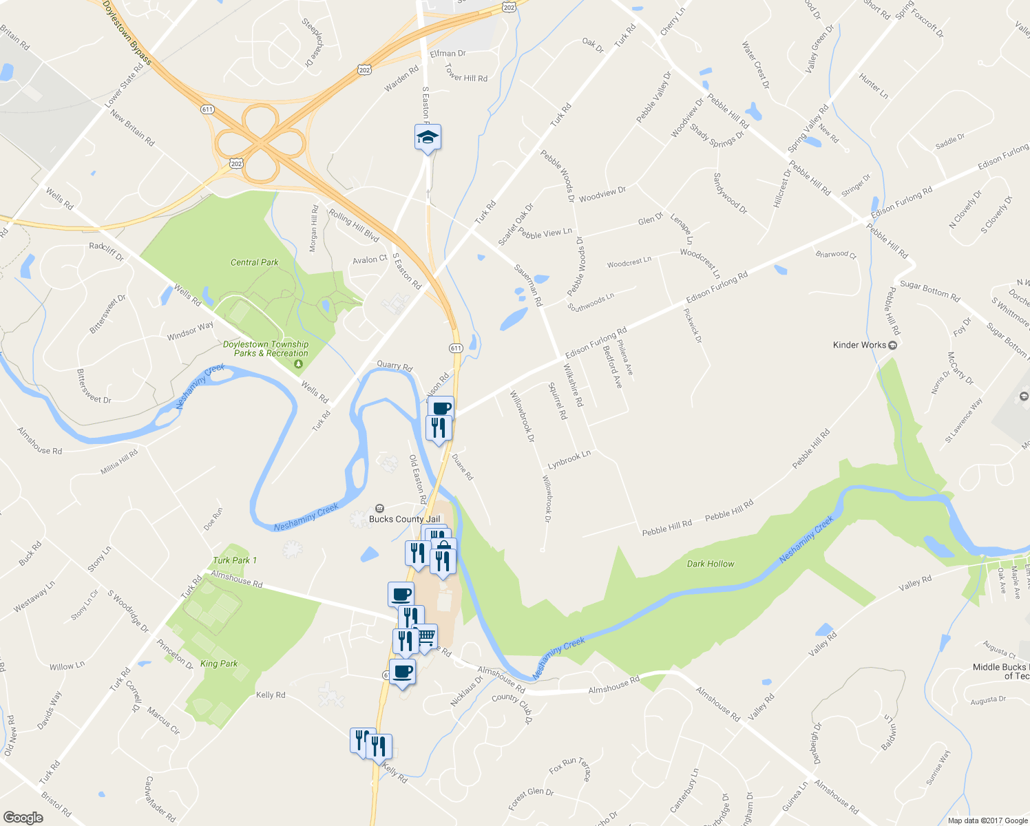 map of restaurants, bars, coffee shops, grocery stores, and more near 26 Willowbrook Drive in Doylestown