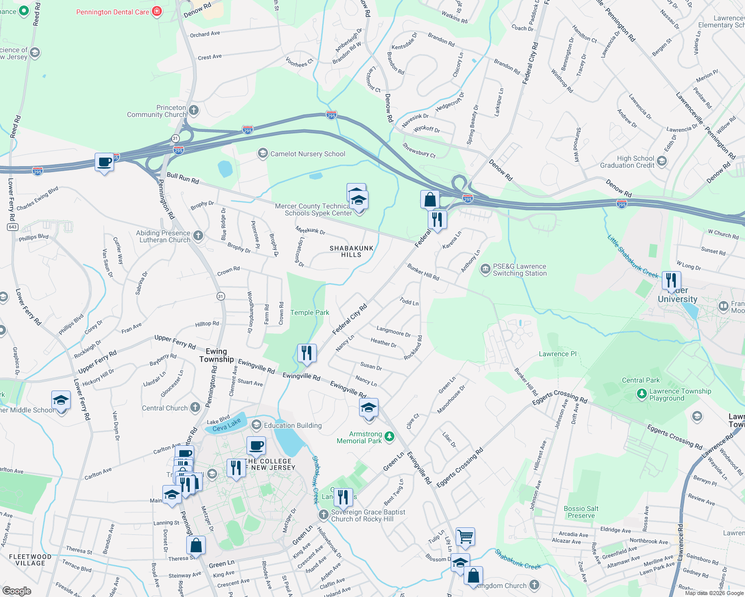 map of restaurants, bars, coffee shops, grocery stores, and more near Federal City Rd in Trenton